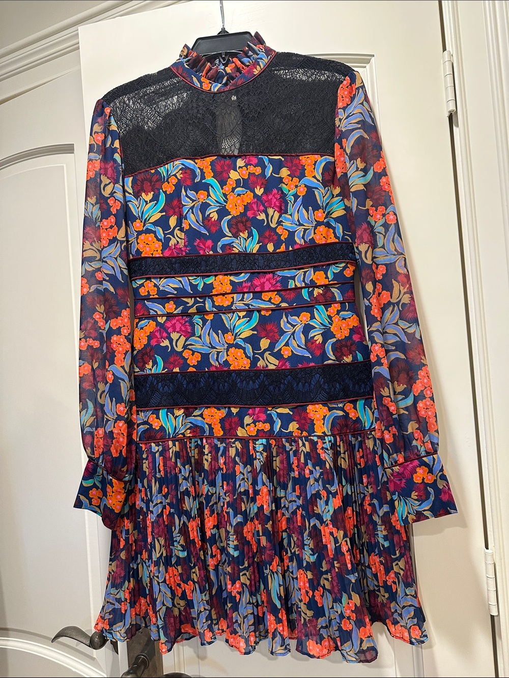 SALONI Floral Long-Sleeve Ruffled Neck Dress in Navy & Coral